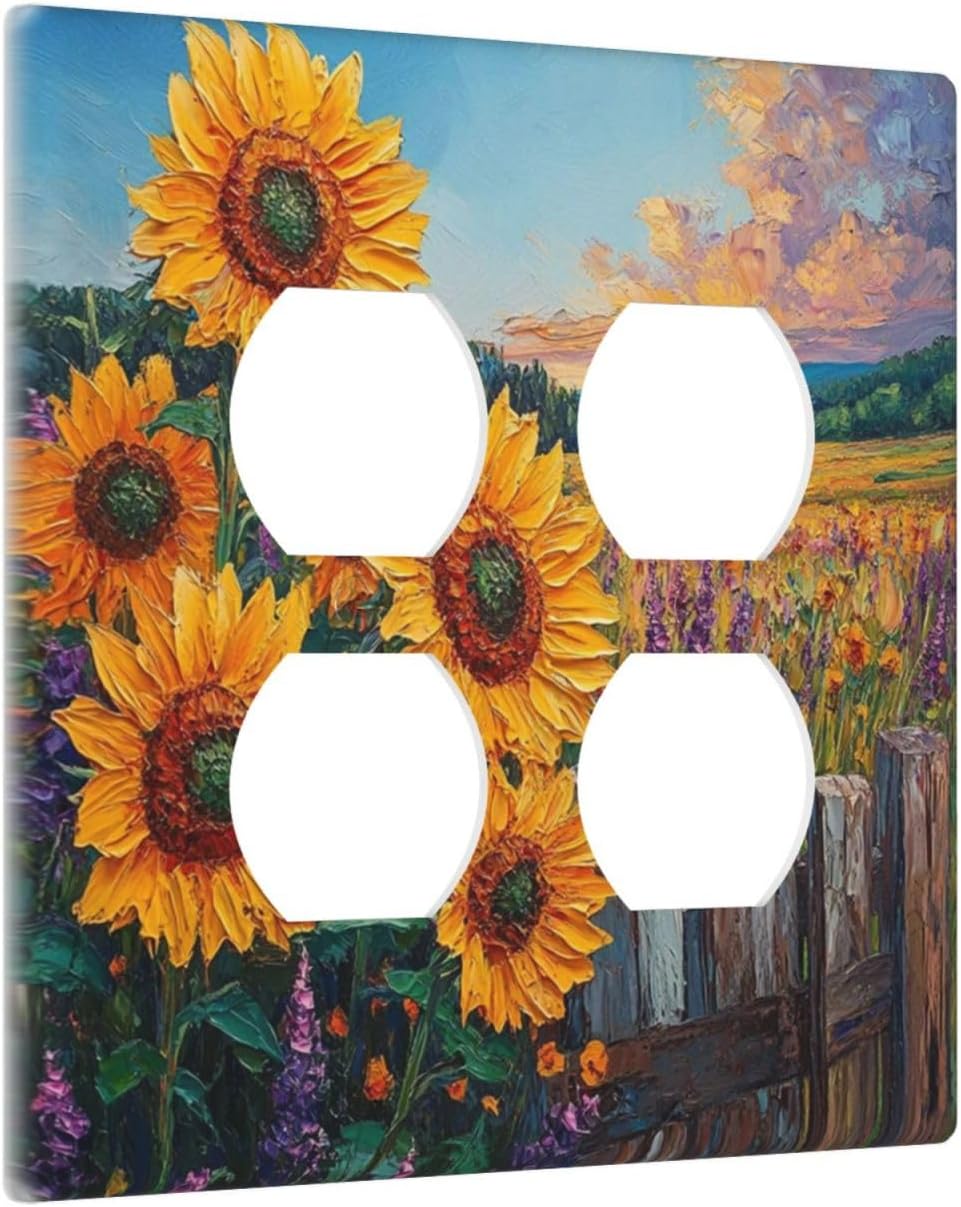Decorative Outlet Covers Rustic Wilderness Sunflower Lavender Muzha Oil Painting 2 Gang Wall Plate Cover Double Duplex Receptacle Light Switch Cover Plate Faceplate