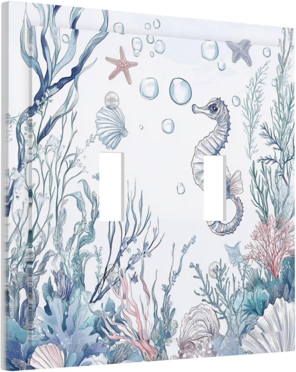 Decorative Switch Plates Ocean Coral Seahorse Seashell Starfish 2 Gang Double Toggle Outlet Light Switch Cover Wall Plate Electrical Faceplate For Bathroom Home Decor
