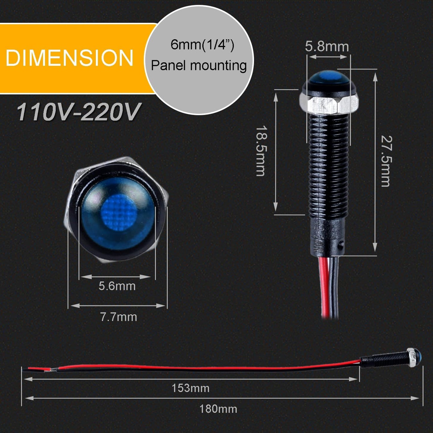 5pcs 6mm LED Indicator Light Plastic Black Signal Dot Lamp 110-220V AC 1/4" Mounting Hole Size with 15cm/5.9in. Wire (Blue LED)