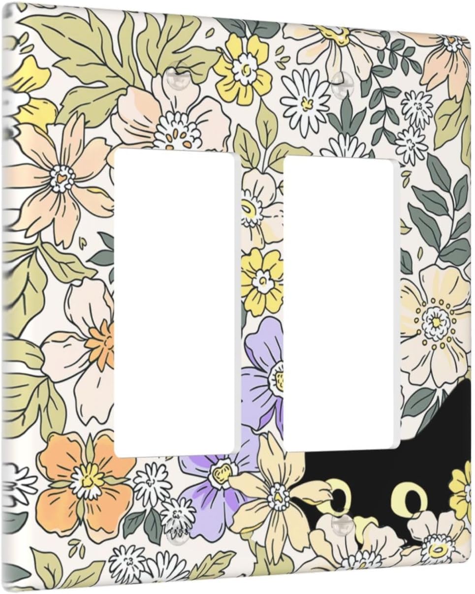 Decorative Outlet Covers Cute Black Cat in a Flower Patch Botanical Garden 2 Gang Wall Plate Double Rocker Light Switch Cover Double Switch Plate Cover for Home Decor （2 Pack）