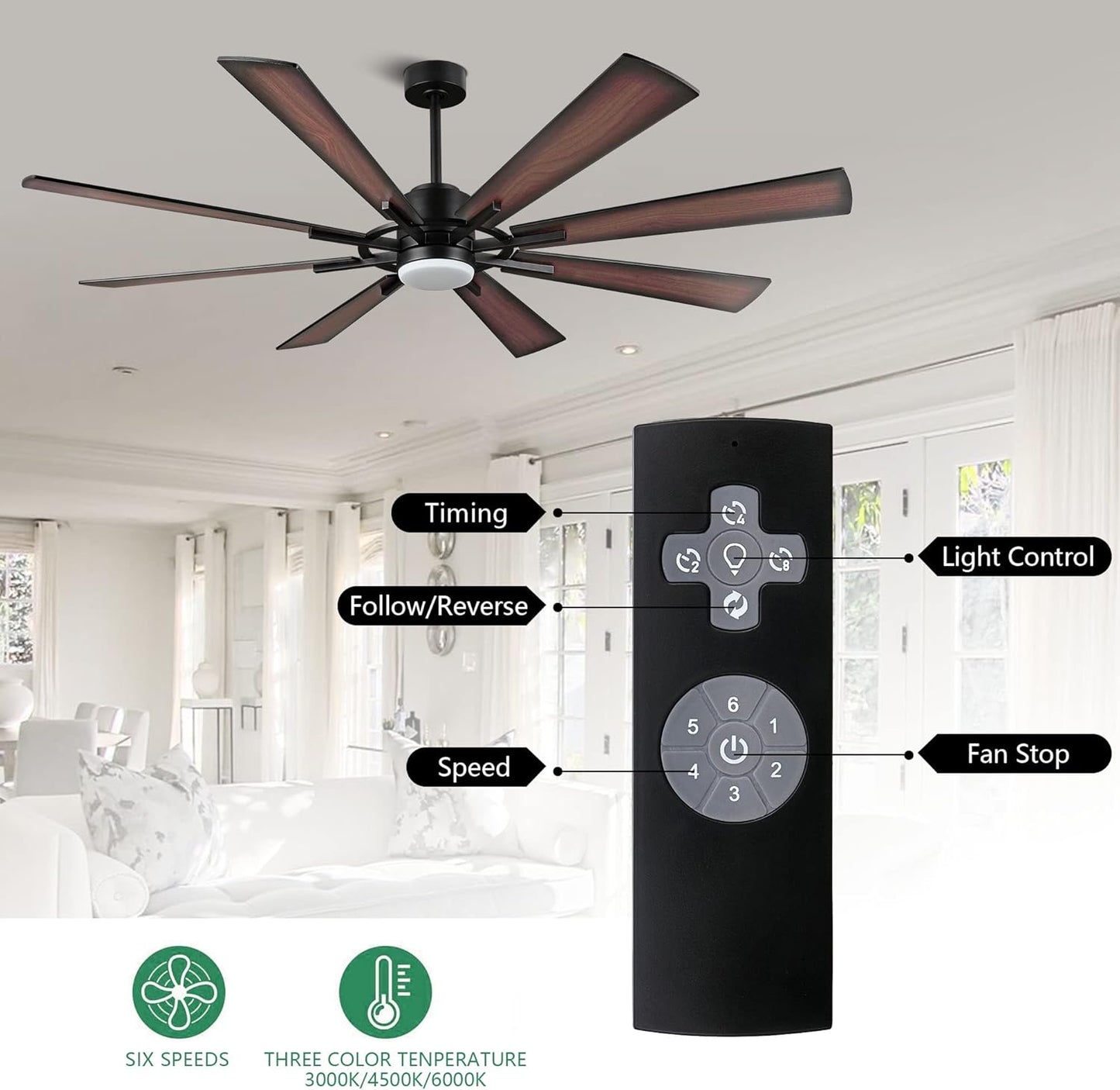 WINGBO 60" DC Ceiling Fan with Lights and Control, Matte Black Ceiling Fan with Walnut/Walnut Shadowed Reversible Blades, 6-Speed DC Motor, 8 Blade Wood Ceiling Fans for Kitchen Bedroom Living Room