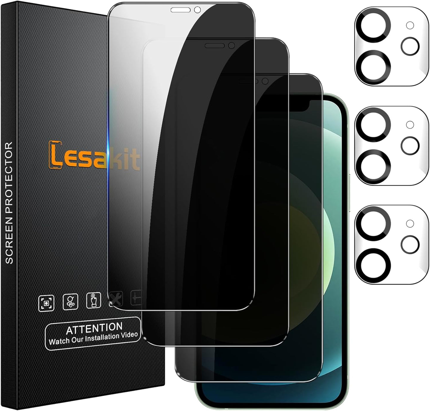 3+3 Pack Privacy Screen Protector for iPhone 12 6.1-Inch with 3 Pack Camera Lens Protector, Anti Spy Tempered Glass Film 9H Hardness Bubble Free Case Friendly