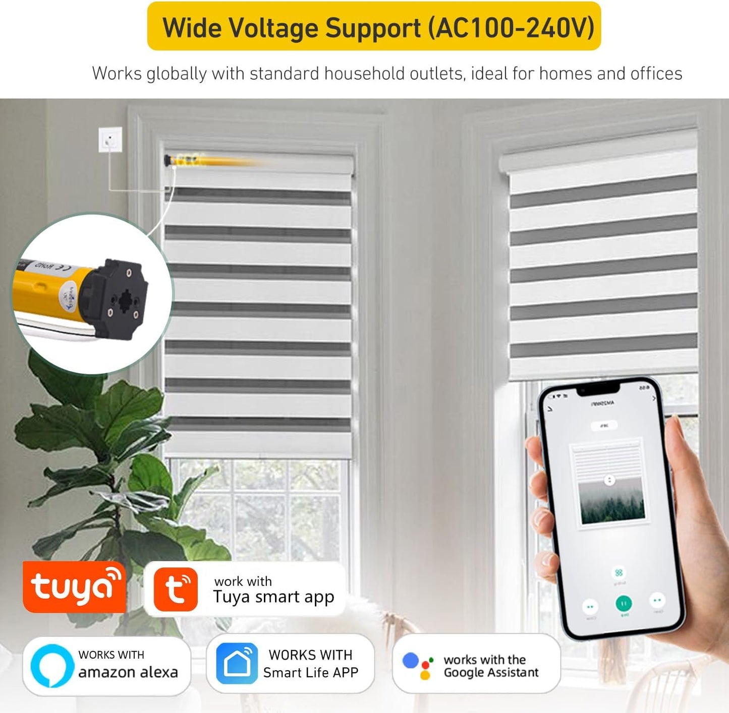 Smart Tuya WiFi Blinds Motor, AC100-240V Plug-in for 1.5"/38mm Shade Tubes, Compatible with Alexa/Google Home, APP & Timer Control, No Hub Required - Idea for Zebra, Roman, Roller Shades