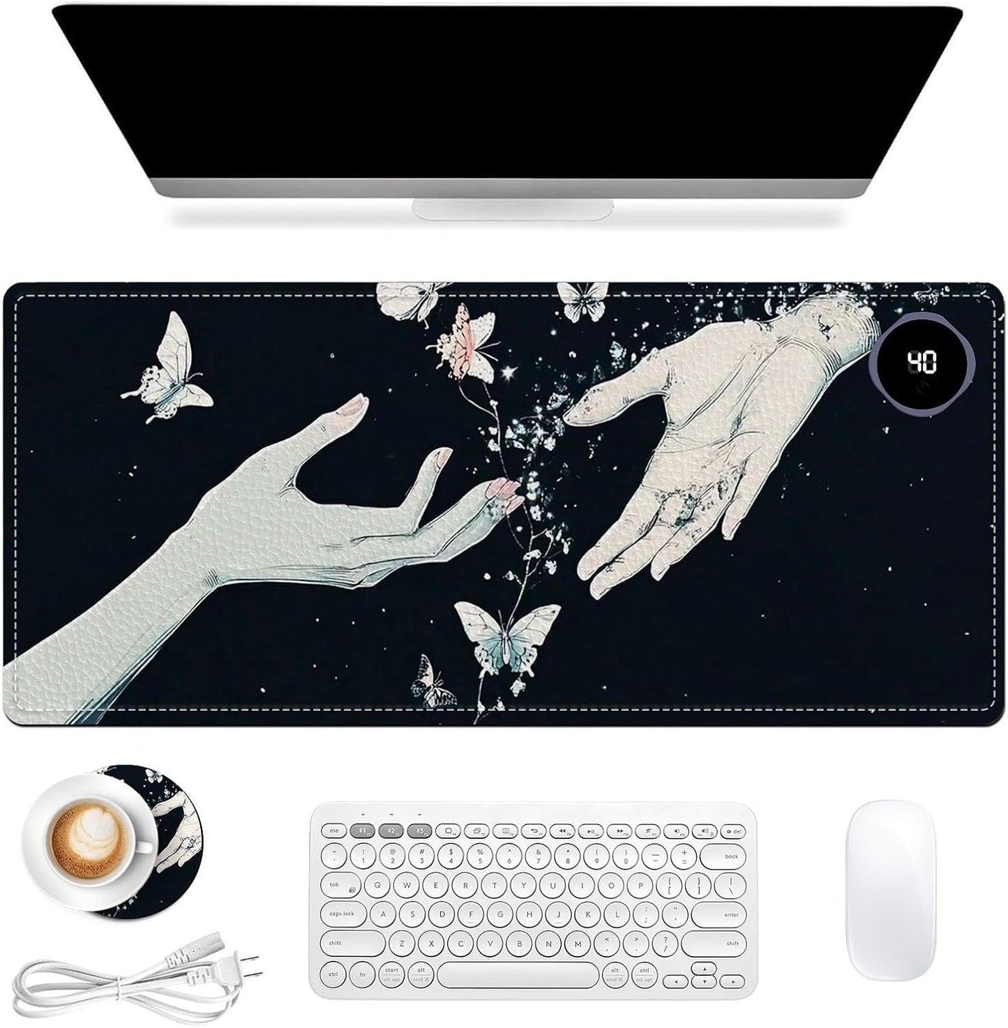 Heated Mouse Pad 31.5x13 in 3-Temp Fast Heating Desk Mat with Auto Timer Warmer for Hands Wrist Pain Relief Waterproof Keyboard Mat for Office, Gaming, Home, Butterfly Hands Art