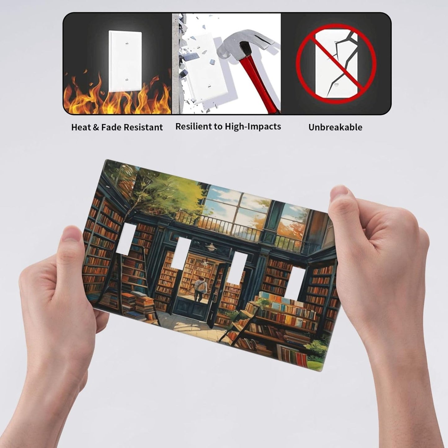 Library With A Lot Of Books Light Switch Covers Quad Toggle 4 Gang Wall Plate Decorative Switchplate Electrical Faceplate for Farmhouse Bathroom Living Decor