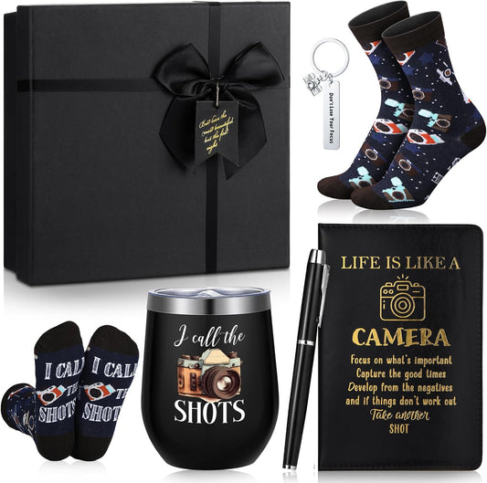 6 Pcs Photographer Gifts for Camera Lovers for Men Women 12 oz Stainless Steel Cup Socks Keychain Pen Notebook Box for Christmas Photography & Travelers Lovers