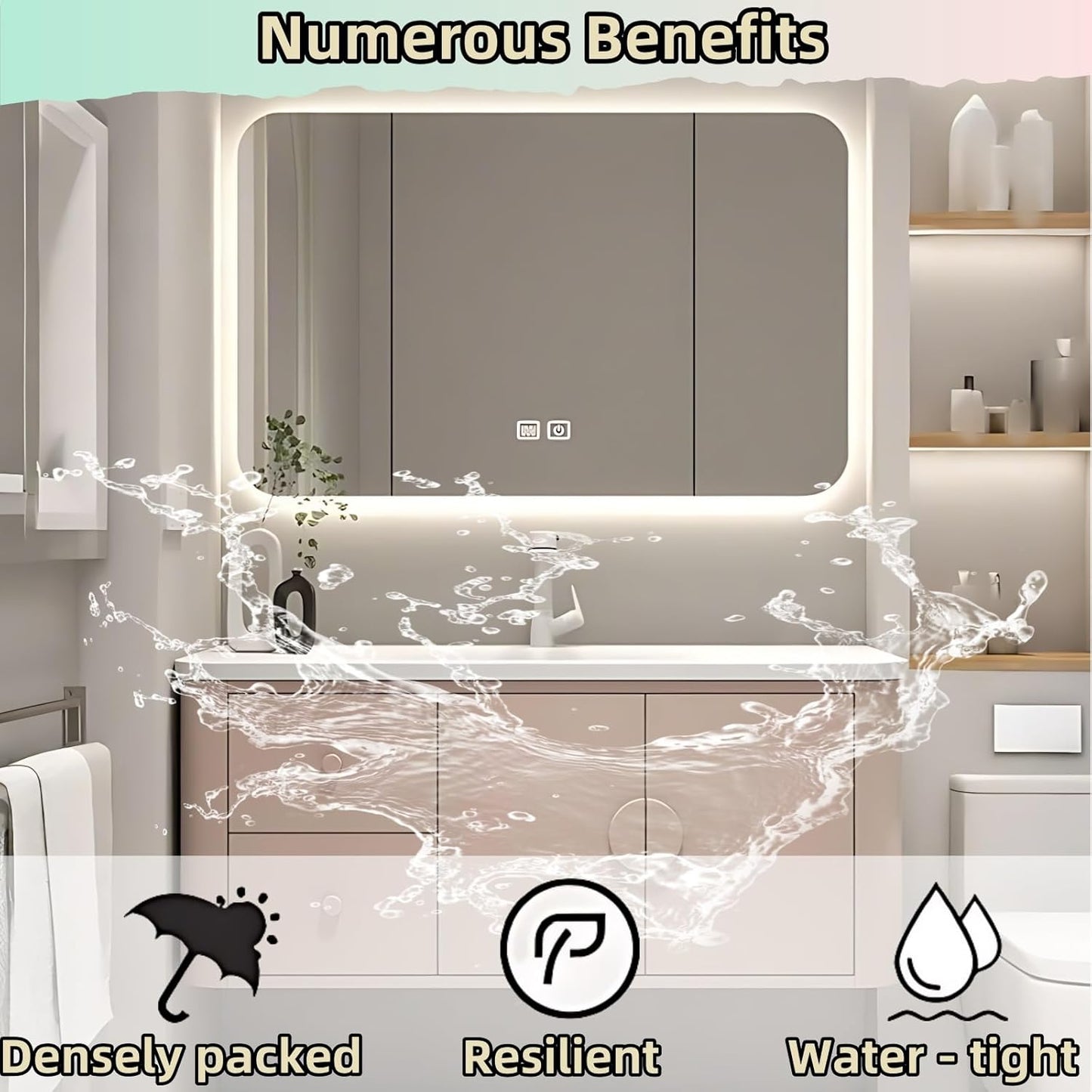 40IN Pink Modern Bathroom Vanity - Bathroom Vanities Set with 2 Drawers Wall Mounted | Rounded Corner Smart Defogging Mirror Cabinet with Lighting & Time Display, Side Opening Storage Shelf (Style A)