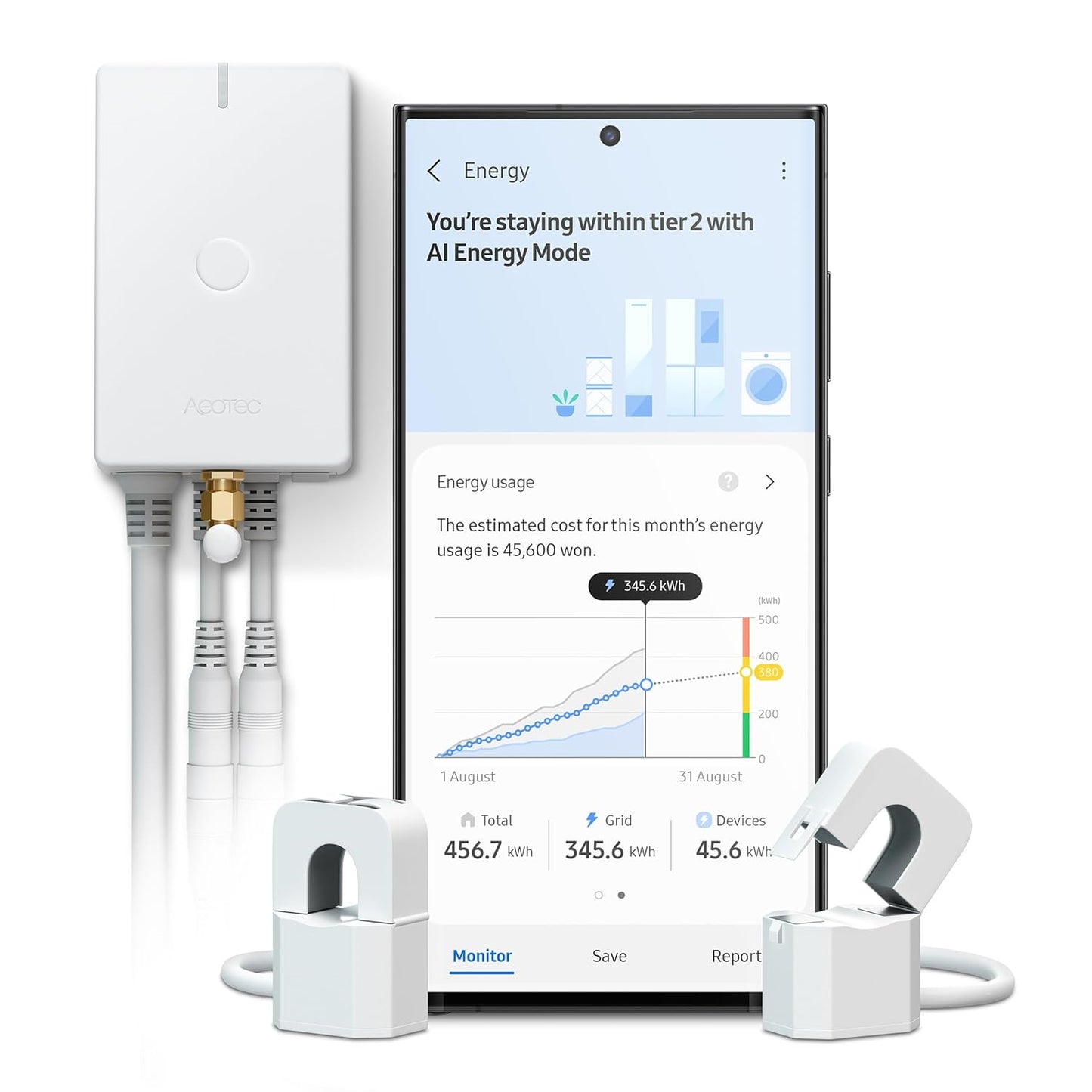 Aeotec Home Energy Meter 8 - Smart Electricity Monitor - Real-Time Usage and Production Tracking - Z-Wave Long Range - 2x200A Clamp-On Sensor - Supports 2-Phase Power - SmartThings - HomeAssistant