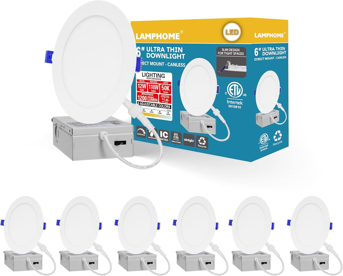 LAMPHOME 6-Pack of 6-Inch Slim LED Recessed Lights with Junction Box, Adjustable Color Temperatures (2700K-5000K), 12W Equivalent to 110W, Dimmable, 1050LM Brightness - ETL and Energy Star Certified