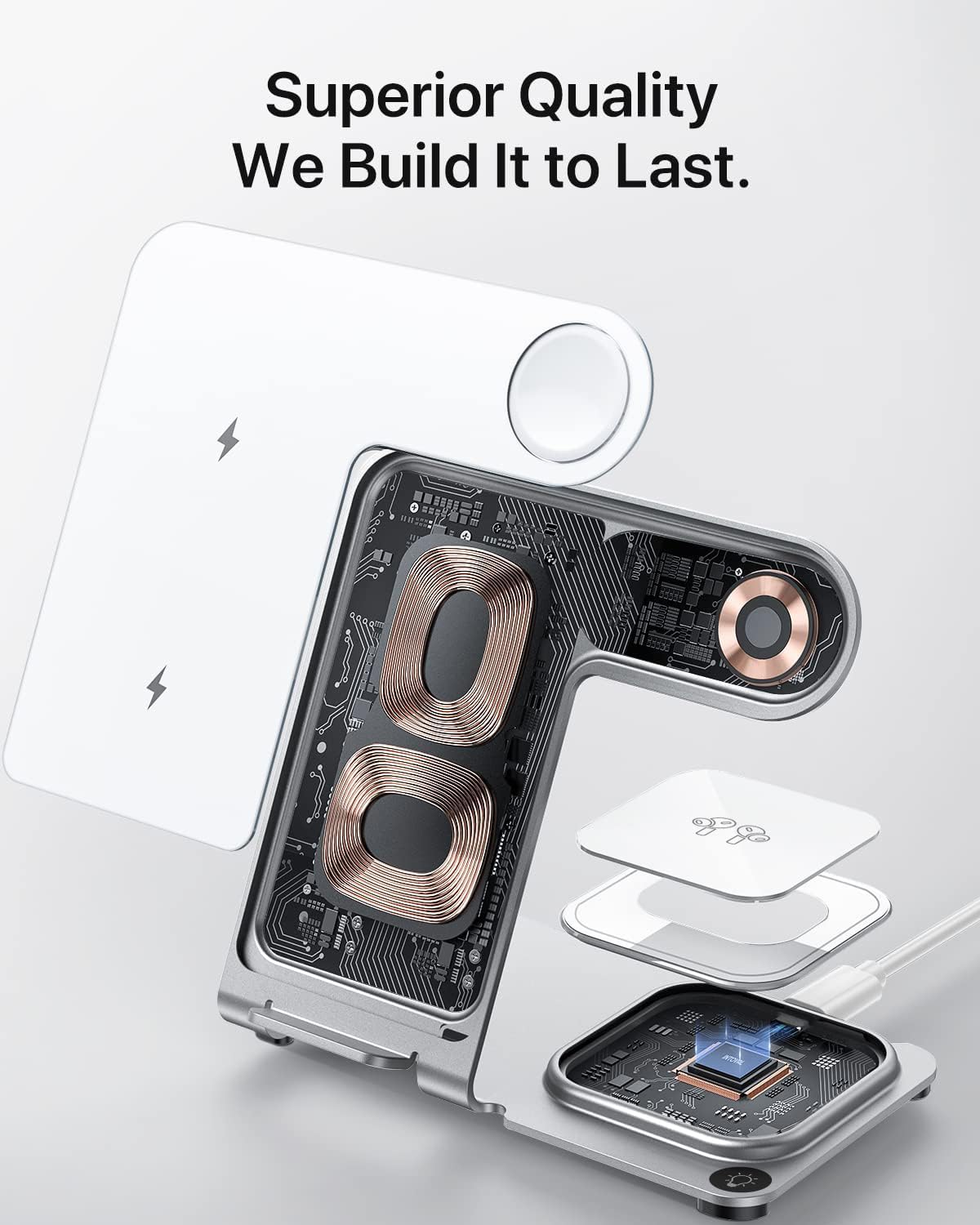 Intoval Metal Charging Station for iPhone 17/16/15/14/13/12/11/XS/XR/XS, 3 in 1 Wireless Charger for Apple Watch 11/Ultra 3/SE/10/9/8/7/6/5/4/3/2, for AirPods 4/Pro/Pro 2/3 (Y9,Silver)
