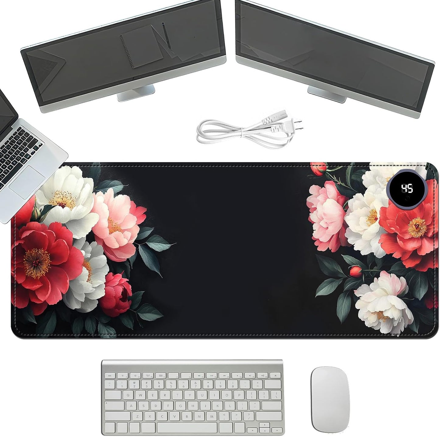 Heated Mouse Pad with 3 Temperature Settings(104°F–122°F),Large 31.5x13 Inch PU Leather Heated Desk Mat,Waterproof Warming Pad for Office,Gaming & Cold Hands Relief,Vintage Flowers