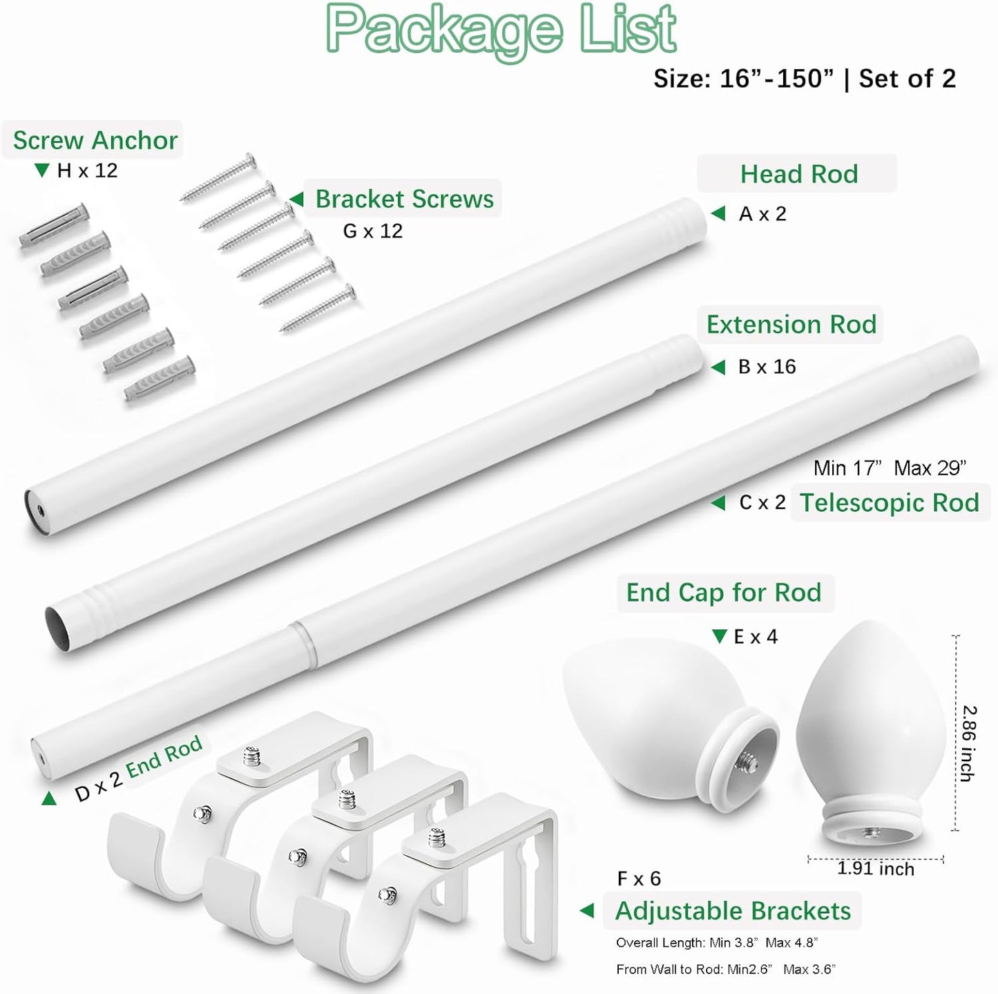 Curtain Rods for Windows 16 to 150 inches, Curtain Rod Max Adjustable Length to 158 in, Drapery Rod 1 inch Diameter with Modern Knobs Finials (White, 16" to 150" - Set of 2)