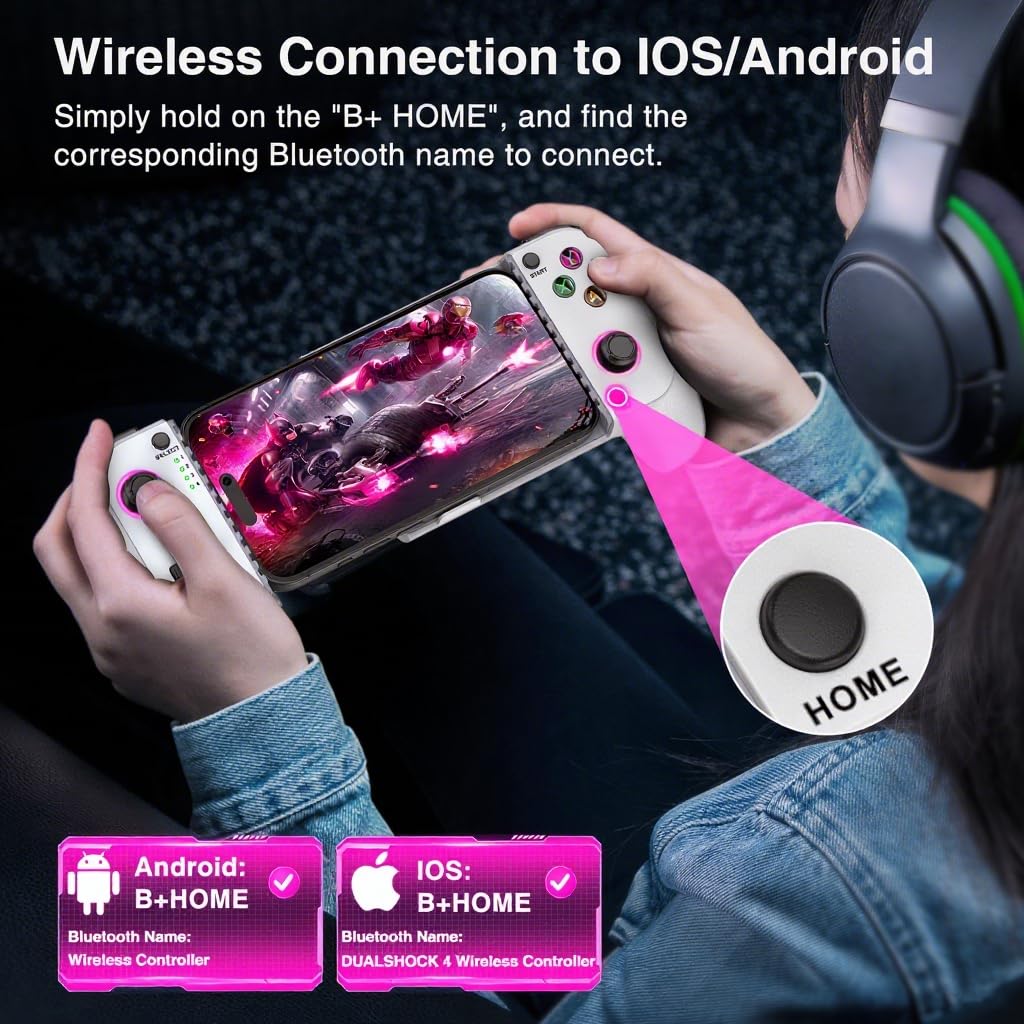NealGamefy Phone Controller for iPhone/Android - Mobile Gaming Controller with Hall Effect Joystick, Phone Case Support,Turbo Function, Dual Vibration- Phone Controller Compatible with More Games