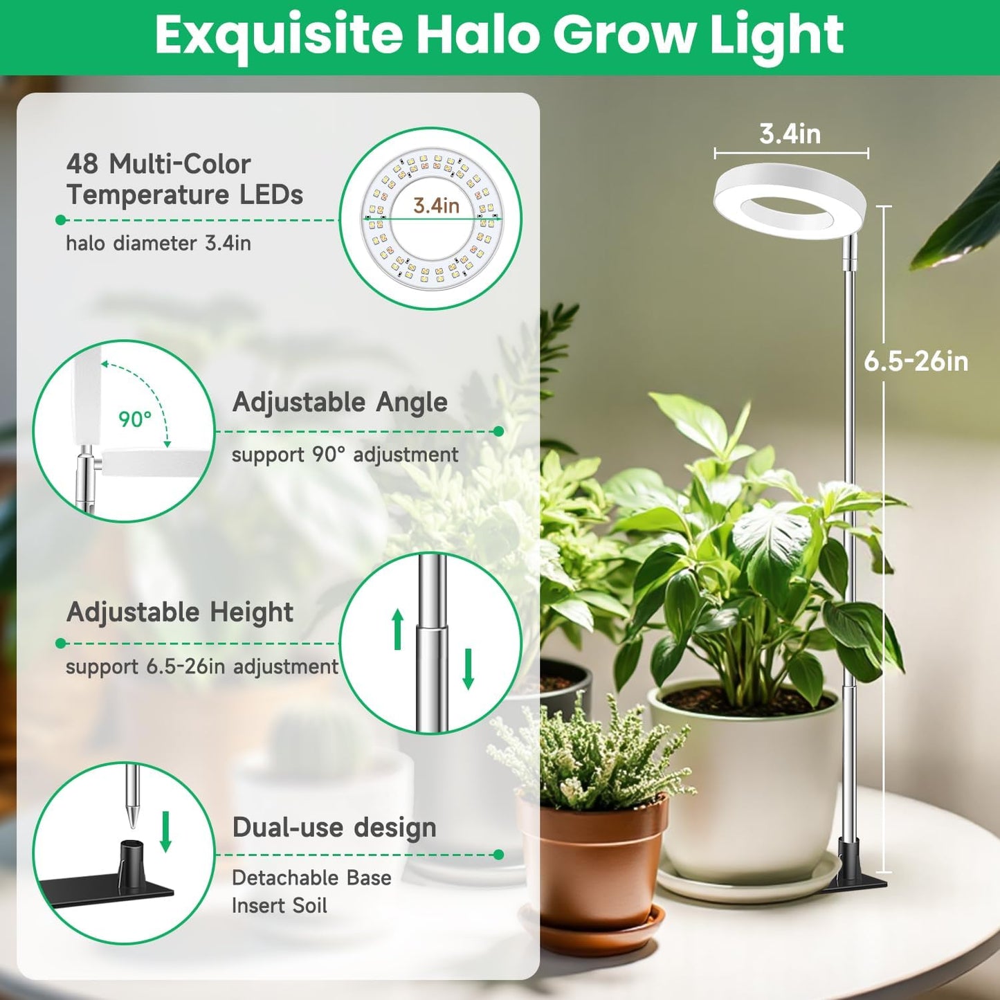 Grow Lights for Indoor Plants, Full Spectrum Small Halo Plant Grow Light with Base, 48 LED Growing Lamp 10 Levels Dimmable Auto On Off 3/9/12 Hrs Timer for Small Plants, White, 3.5in, 5 Pack