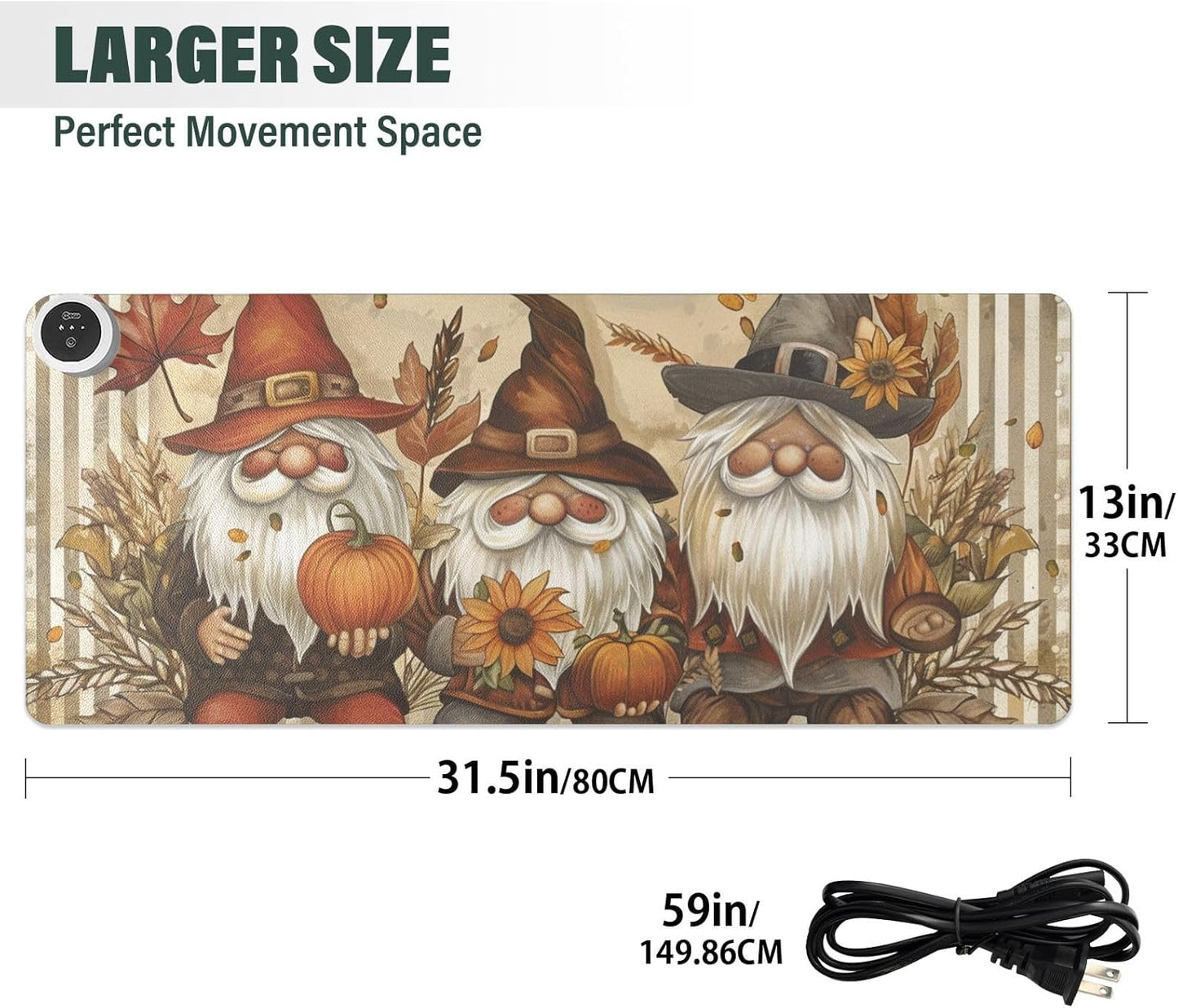 Heated Desk Pad Mouse Pad 31.5x13 Inch PU Leather Desk Mat with 3 Heat Levels Large Mouse Gaming Computer Laptop Mat Gnomes Maple Leaf