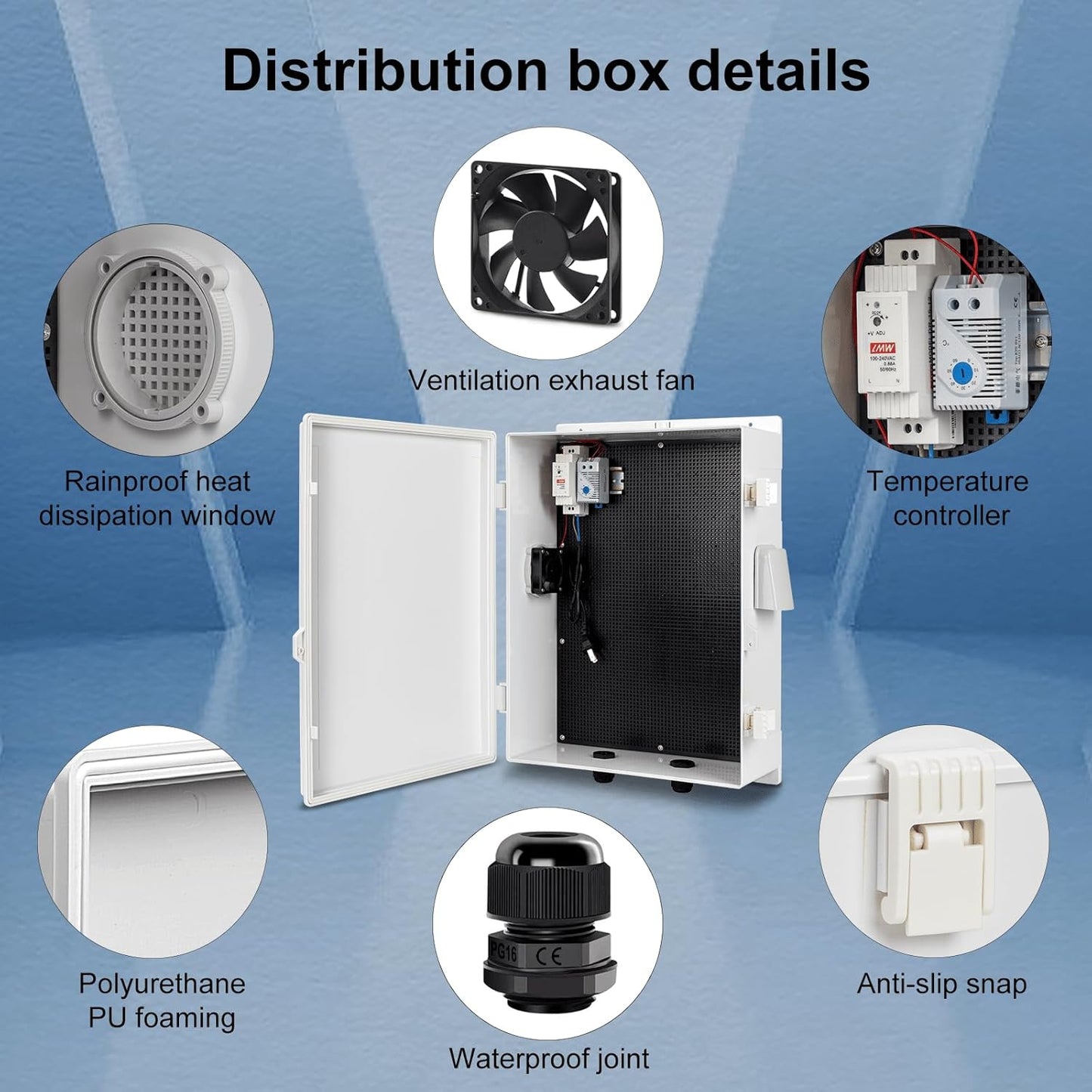 Outdoor Electrical Box with Thermostat and Fan, ABS Water Resistant Enclosure with Internal Mounting Panel & Hinged Cover, 18.1" H* 12.6" L* 6.3" W, Plug & Play.