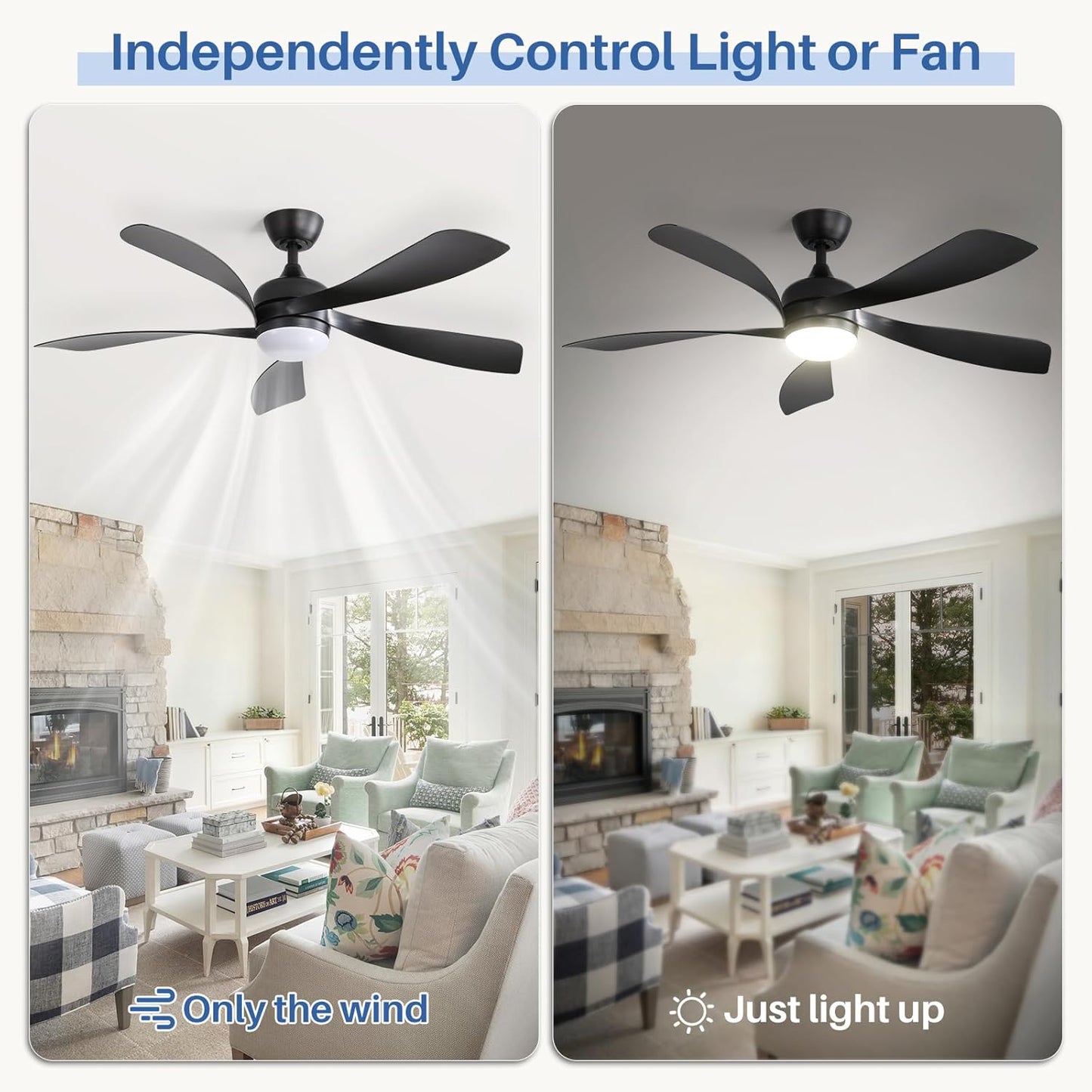 Sofucor 52" Smart Ceiling Fan, Indoor/Outdoor Black Ceiling Fans with Lights and Remote, Works with Alexa/Google/App, 3-Color Light 6-Speed Timing Reversible DC Motor for Bedroom Living Room Patio
