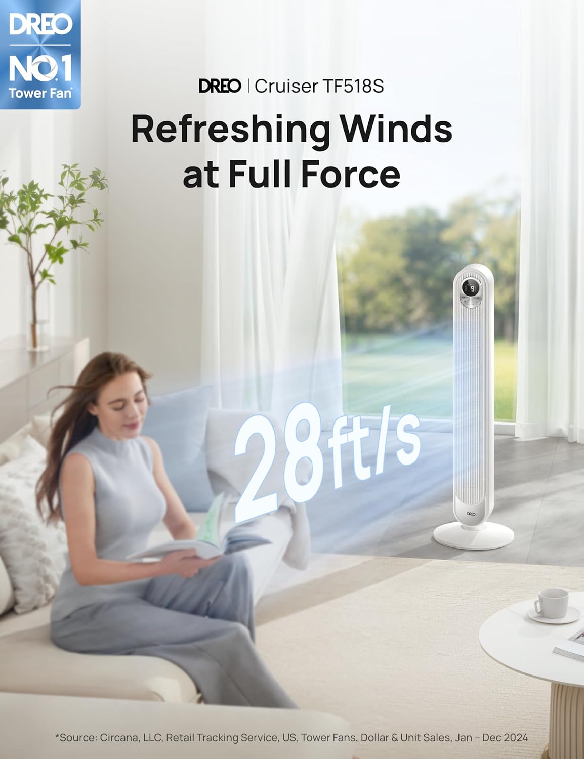 Dreo Smart Tower Fan for Bedroom, Floor Standing Bladeless Oscillating Fan with Remote, 9 Speeds, 4 Modes, 12H Timer, for Indoor Bedroom Home Office, WiFi Voice Control, Cruiser TF518S