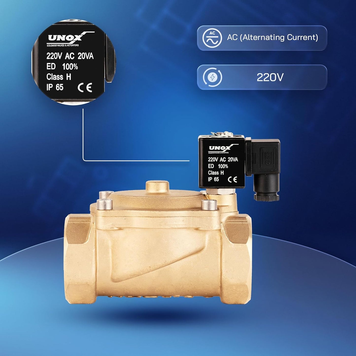 UNOX 1 1/2" NPT Solenoid Valve 220V AC, Brass Control Valve Normally Closed - 7-232 PSI Multi-Purpose Reliable Control Valve for Water, Air, and Gas - Solenoid Valves