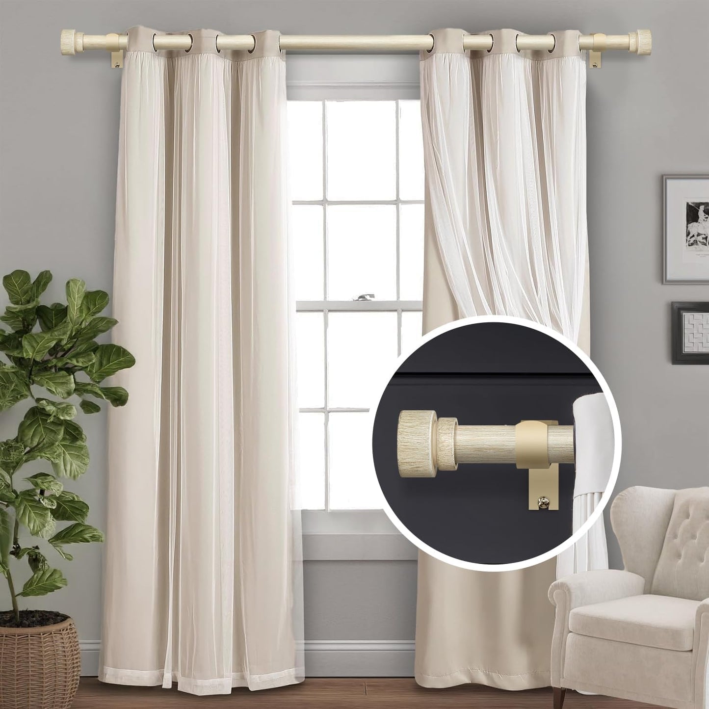 2 Pack White Oak Wood Grain Curtain Rods for Windows 48 to 84 Inches 1" Diameter Boho Decorative Heavy Duty Window Curtain Rod Adjustable with Solid Finials for Living Room Bedroom Kitchen Farmhouse