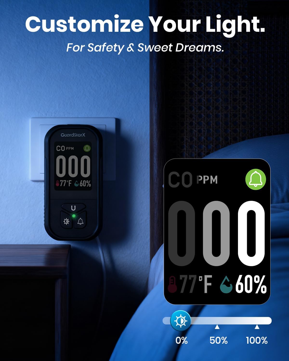 X-100D 3-in-1 Carbon Monoxide Detectors Plug in, 180°Rotating Display, Portable Carbon Monoxide Detector for Travel, CO Detector with Triple Alerts, Early Warning for Home, RV, Hotel - Black