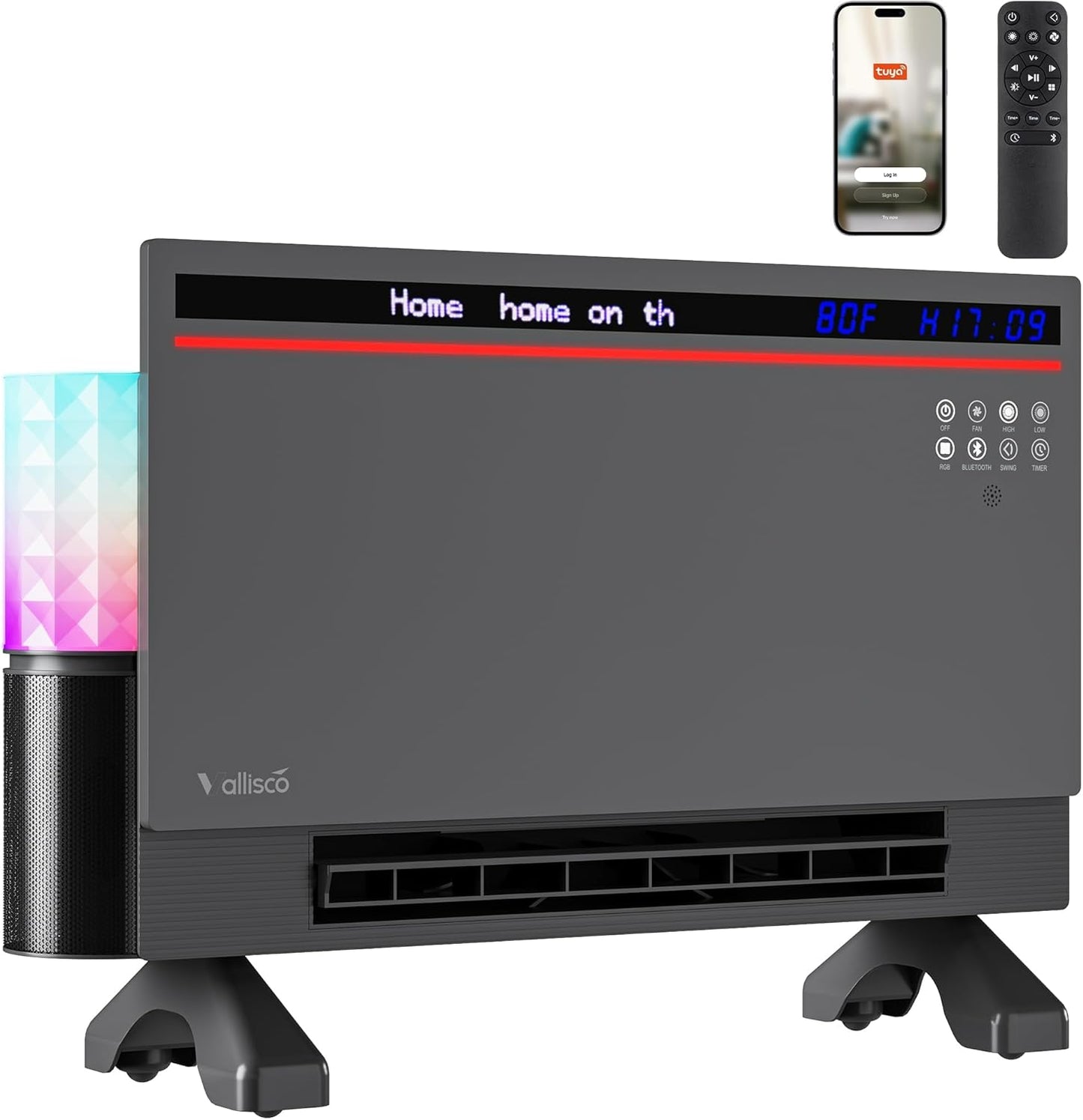 Smart Electric Space Heater with Bluetooth Speaker & RGB Light, App/Remote/Touch Control, Freestanding/Wall Heater, 2 Heat & 2 Fan Modes for All-Season Indoor Use