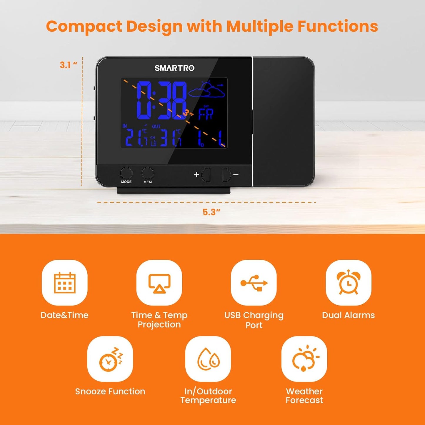 SMARTRO SC31B Digital Projection Alarm Clock with Weather Station, Indoor Outdoor Thermometer for Bedrooms, USB Charger, AC Battery Operated