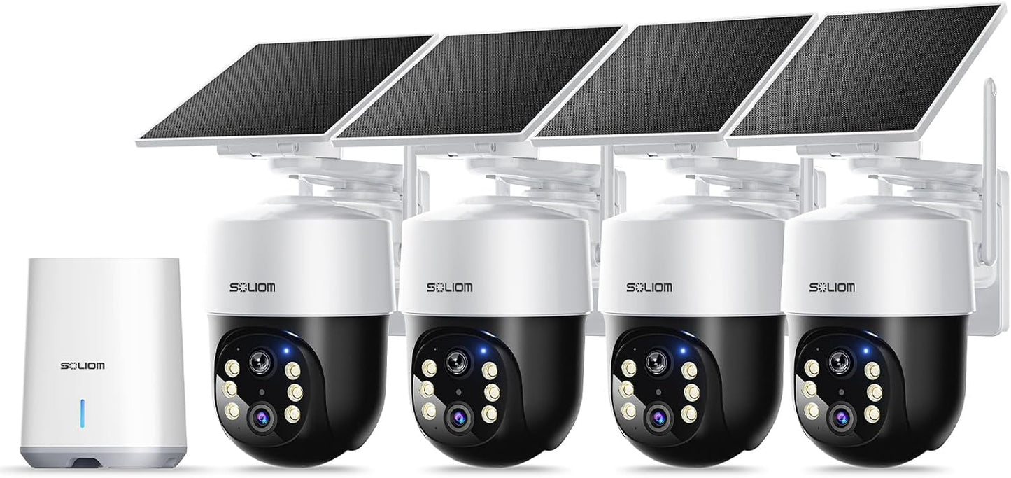 SOLIOM Security Cameras Wireless Outdoor,8MP Ultra HD for Day and Night, No Subscription,Built in Radar,Solar Powered Cameras for Home Security, 360° Pan Tilt Auto Tracking,5G & 2.4G WiFi, 4-Cam Kit