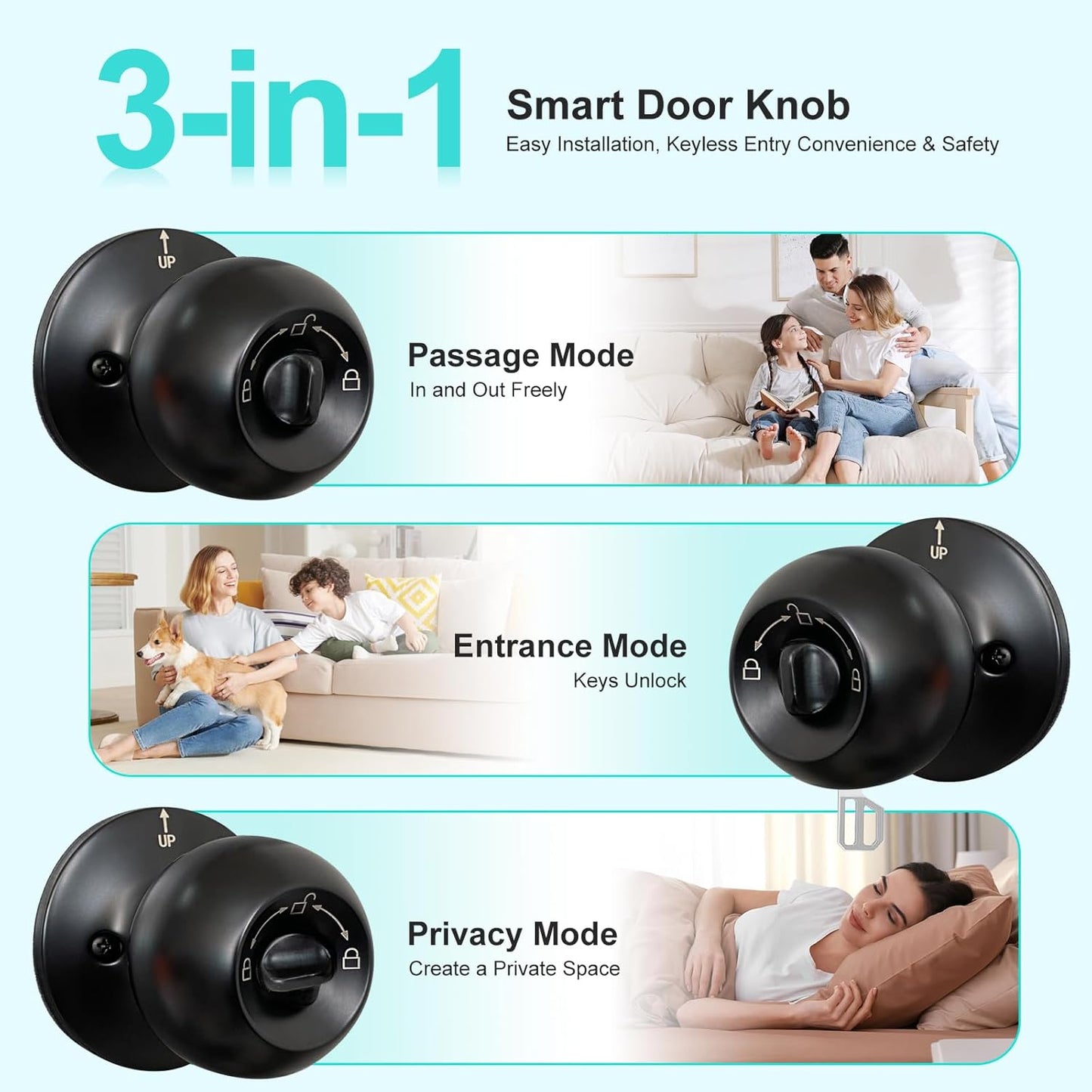 JO.KO 2 Pack Fingerprint Door Lock, Biometric with App Control & Key, Smart Door Knob for Bedroom, Entry Door, Keyless Finger Print Door Knob with Thumb Print Black, Different Keys