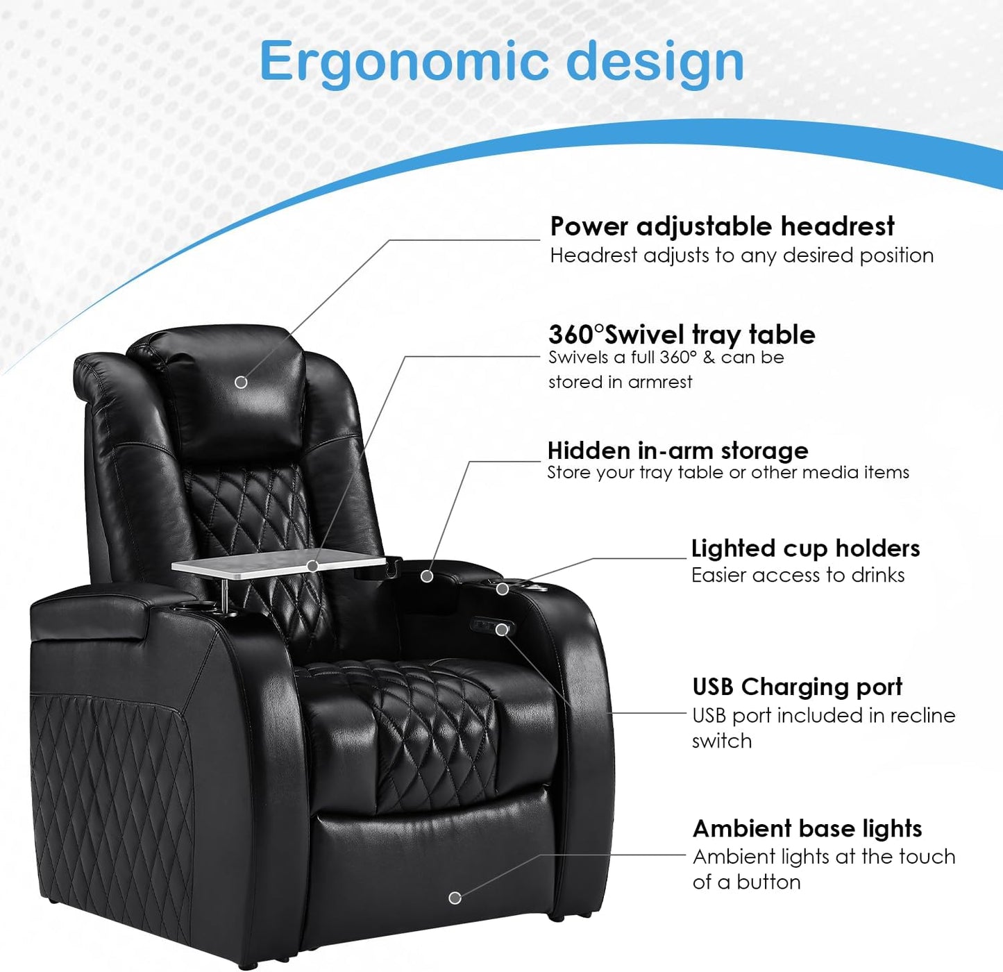 Weilianda Home Theater Seating Top Grain Leather Zero Gravity Recliner Chair Power Headrest Recline Movie Seat Gaming 7 Colors Mood Light Sofa with Tray Table USB Charge Row of 6 Black