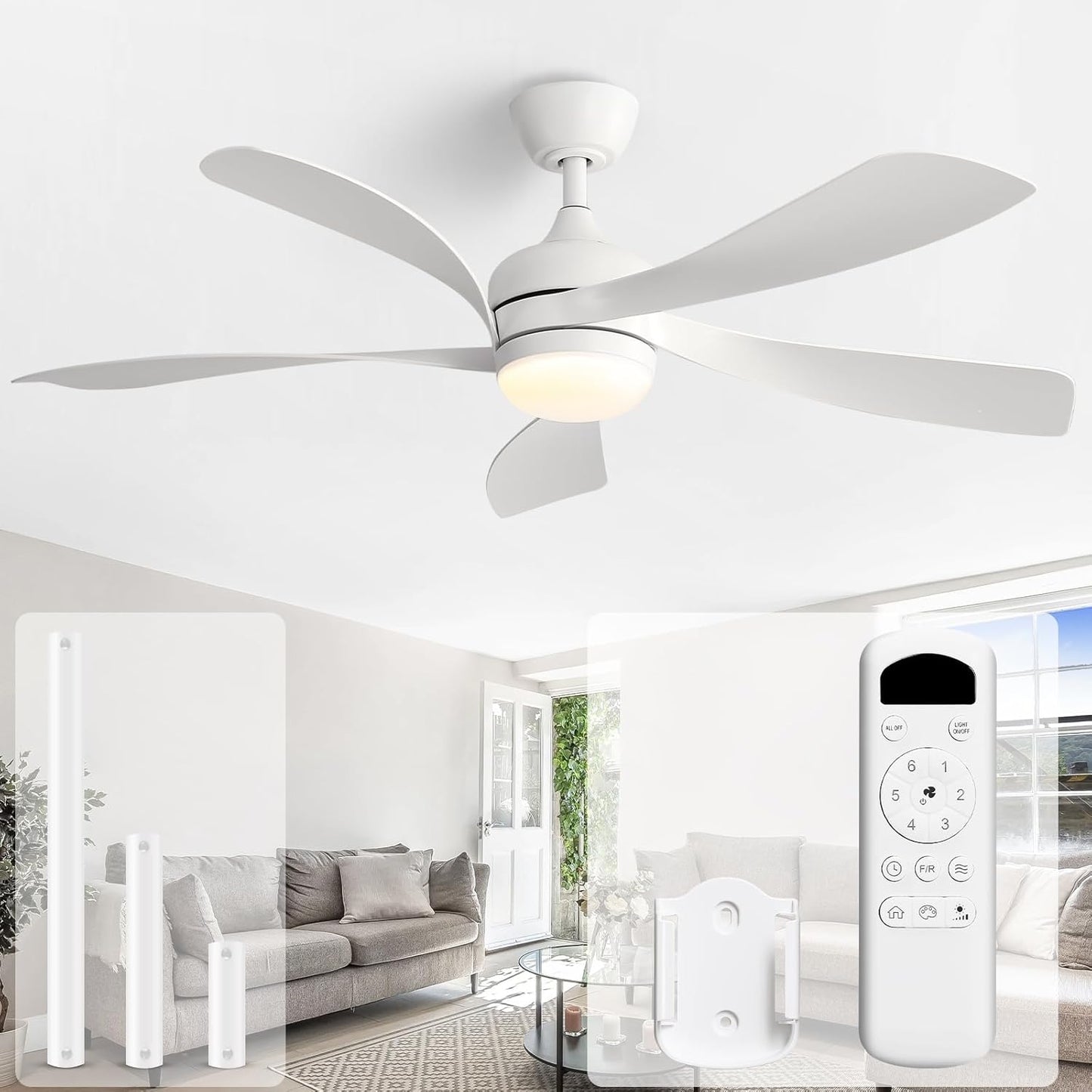Sofucor 52 Inch Ceiling Fans with Lights and Remote, Outdoor Ceiling Fan with Light 6-Speed 3 CCT 3-Timer, White Low Profile Ceiling Fan 5 Blade Reversible DC Motor for Living Room Bedroom Patio