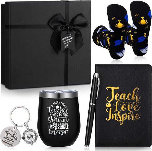 6 Pcs Christmas Teacher Gifts for Men Teacher Appreciation Thank You Gifts Sets 12 oz Stainless Steel Cup Socks Keychain Pen Notebook Gift Box for Educators School Staff Instructor Mentor