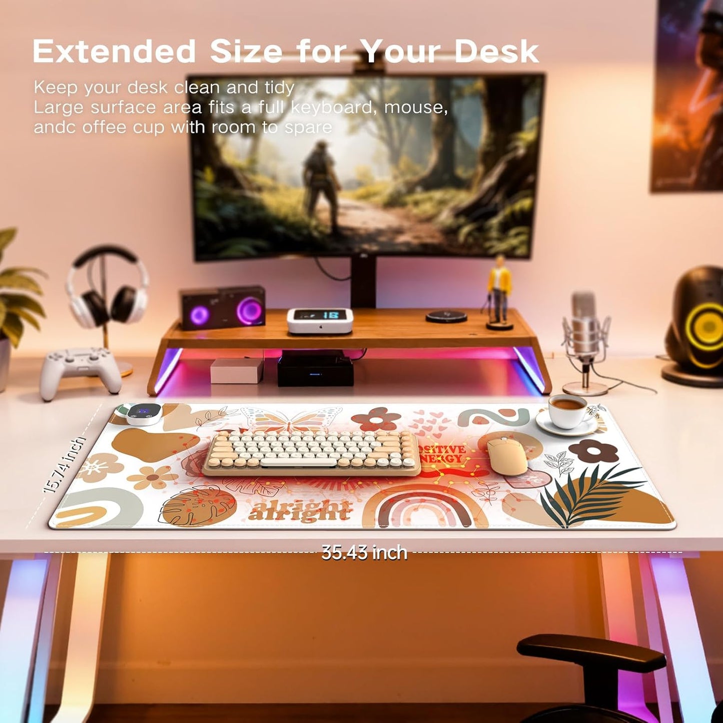 iCasso Heated Mouse Pad Hand Warmer, XL Heated Desk Pad, Electric Warm Desk Mat with 4 Heating Levels for Computer Keyboard, 31.5" x 13" Large Mousepad for Home Office Work (Sticker)