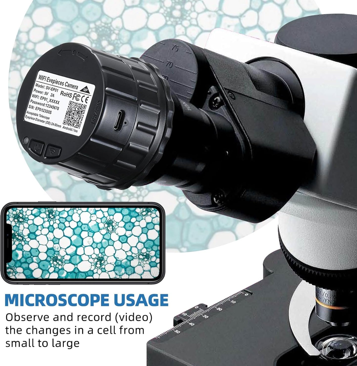 WiFi Telescope Eyepiece Camera for Spotting Scopes Electronic Eyepiece 32GB Video Recording Digital Eyepieces Camera, Telescope Accessories for 24mm-50mm Optical Telescopes and Microscope