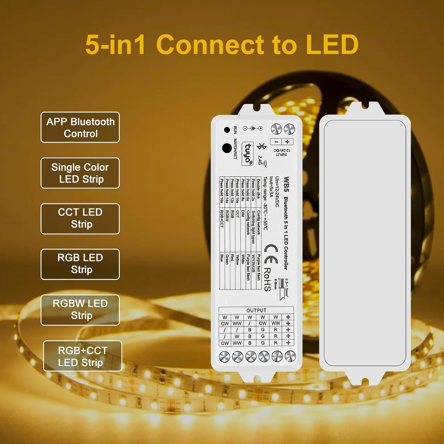 (2 Pack) 5in1 WB5 LED Controllers Bluetooth Control 2.4GHz Dimmable CCT RGB RGBW RGBCCT COB LED Strips - Compatible with Tuya App Echo Alexa Google Home Voice Control