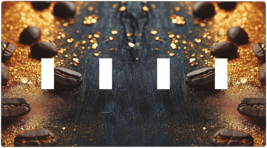 Decorative Light Switch Cover Plate Black Wood Board Gold Dust Coffee Beans 4 Gang Wall Plate Oversized Quad Toggle Switch Cover Plate Jumbo Face Plate for Home Decor
