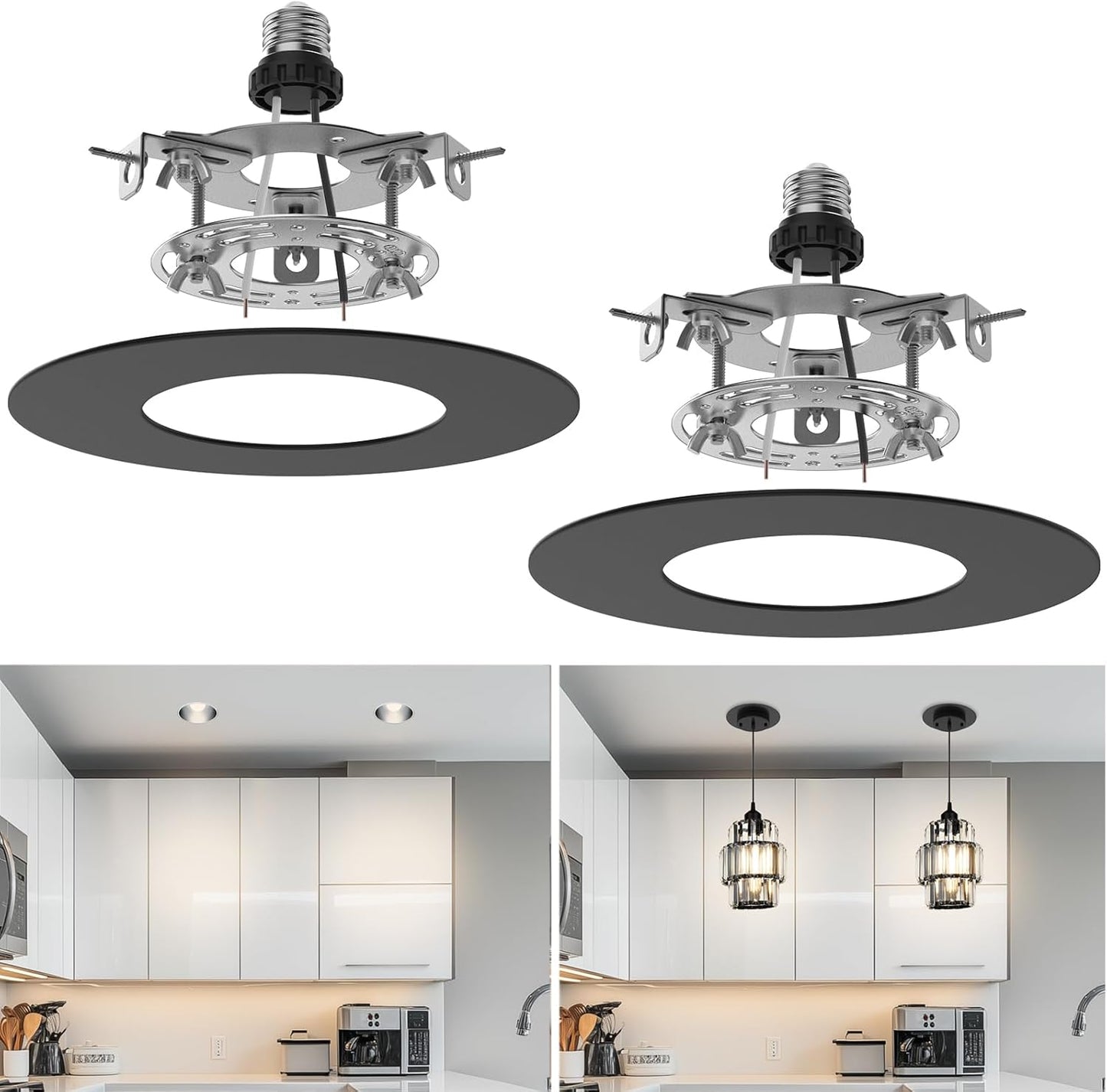 Recessed Can Light Conversion Kit for 5" and 6" Ceiling Fixtures - Pendant/Hanging Light Upgrade, Compatible with Ceiling Fans, Includes 7¾" Flat Steel Medallion,Black Finish,2 Pack