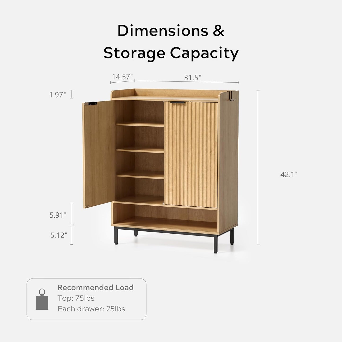 Large Shoe Cabinet with Doors Set of 2, Fluted Wooden Storage with Adjustable Shelves, Hanging Rod Modern Tall Freestanding Shoe Rack Organizer for Entryway, Hallway Natural Oak