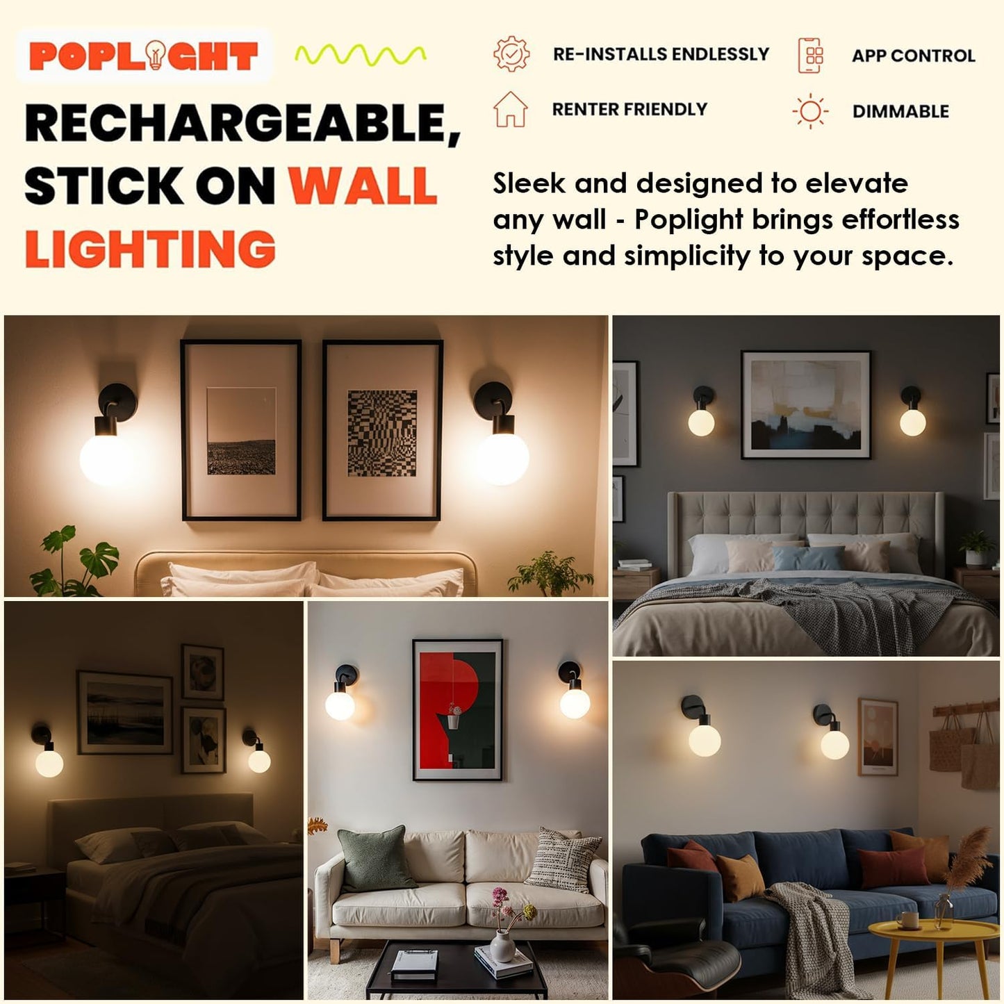 Wireless Wall Sconce (Shark Tank) Rechargeable & Dimmable LED Light w/App Control & Damage-Free Install, Moveable Modern Ambient Lighting for Elegant Home & Bedroom Decor | Matte Black