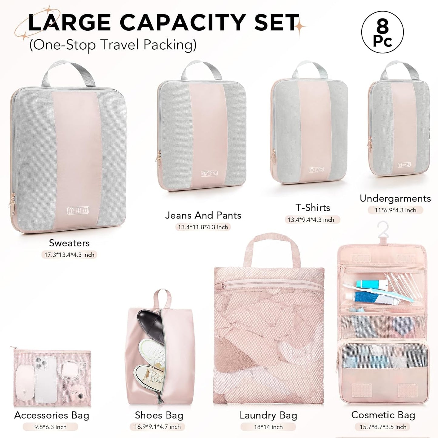 OlarHike 8 Set Compression Packing Cubes,Christmas Gifts for Women Mom Girl,Compressible Expandable Luggage Clothes Organizer for Travelers,Airplane/Cruise/Car/Train Travel Essentials(Beige)