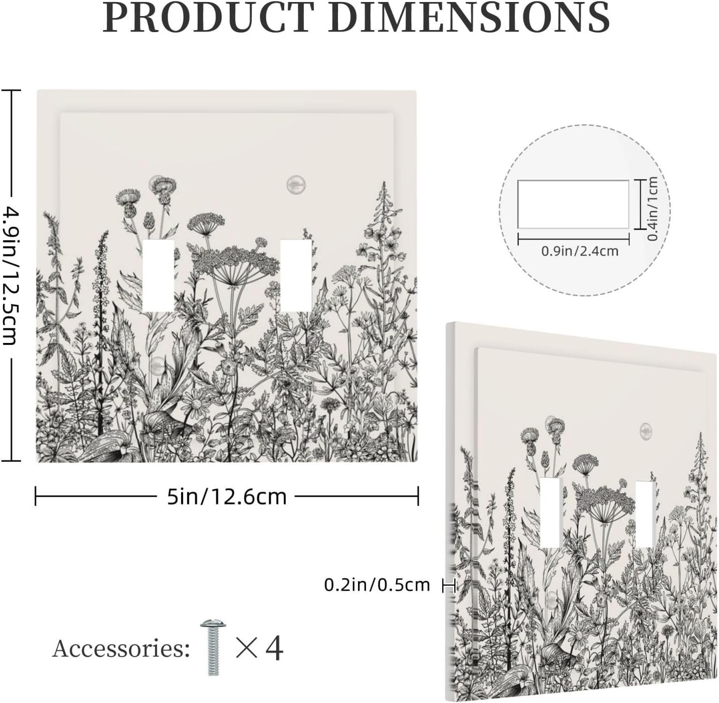 Personalized Wall Plate Decorative Light Switch Cover Black and Beige Garden Plants Flowers Double Toggle Switchplate 2 Gang Switchcovers Decora Light Switch Plate for Home Office Decor