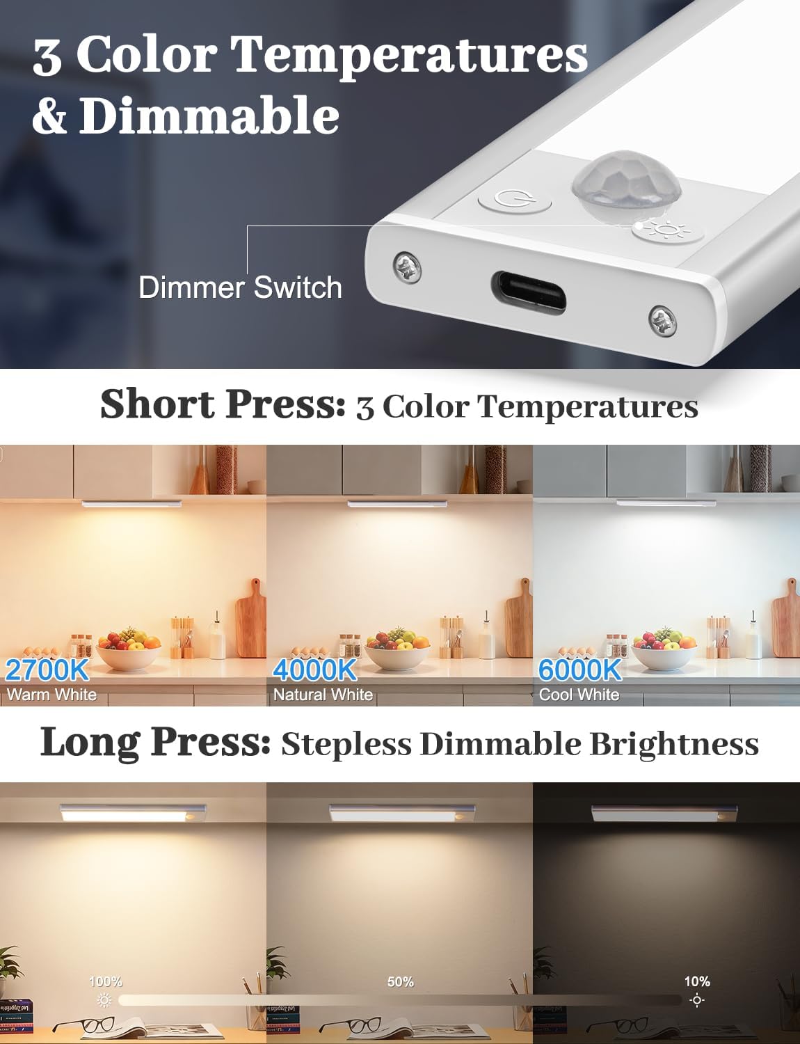 12in Under Cabinet Lighting with Charging Station, 2500mAh Rechargeable Wireless Motion Sensor Lights Indoor,Closet Lights with 3 Color Tempers, Battery Operated Cabinet Lights for Kitchen, 6-Pack