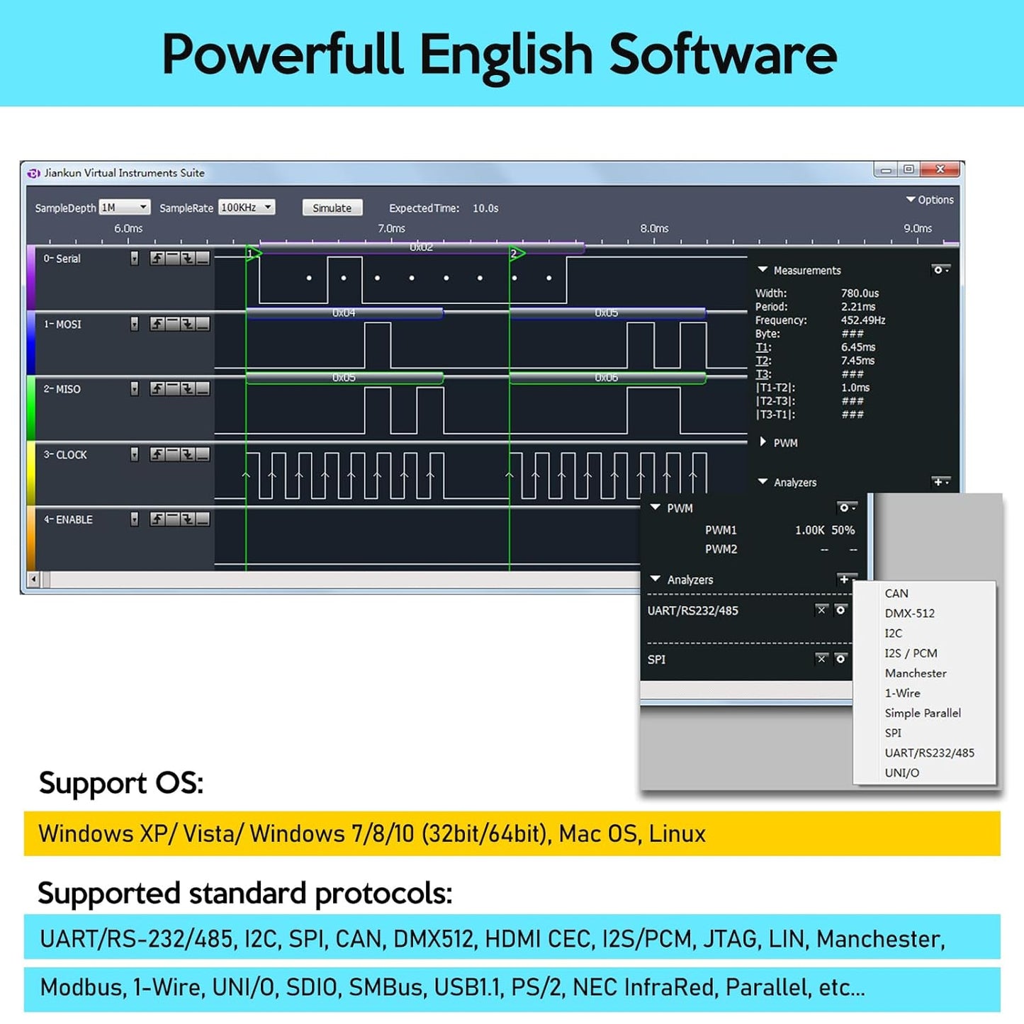 USB Logic Analyzer LA2016 16 Channel 200MHz 1G Memory with English PC Software Portable High Speed Supports I2C SPI CAN UART for Windows MacOS Linux