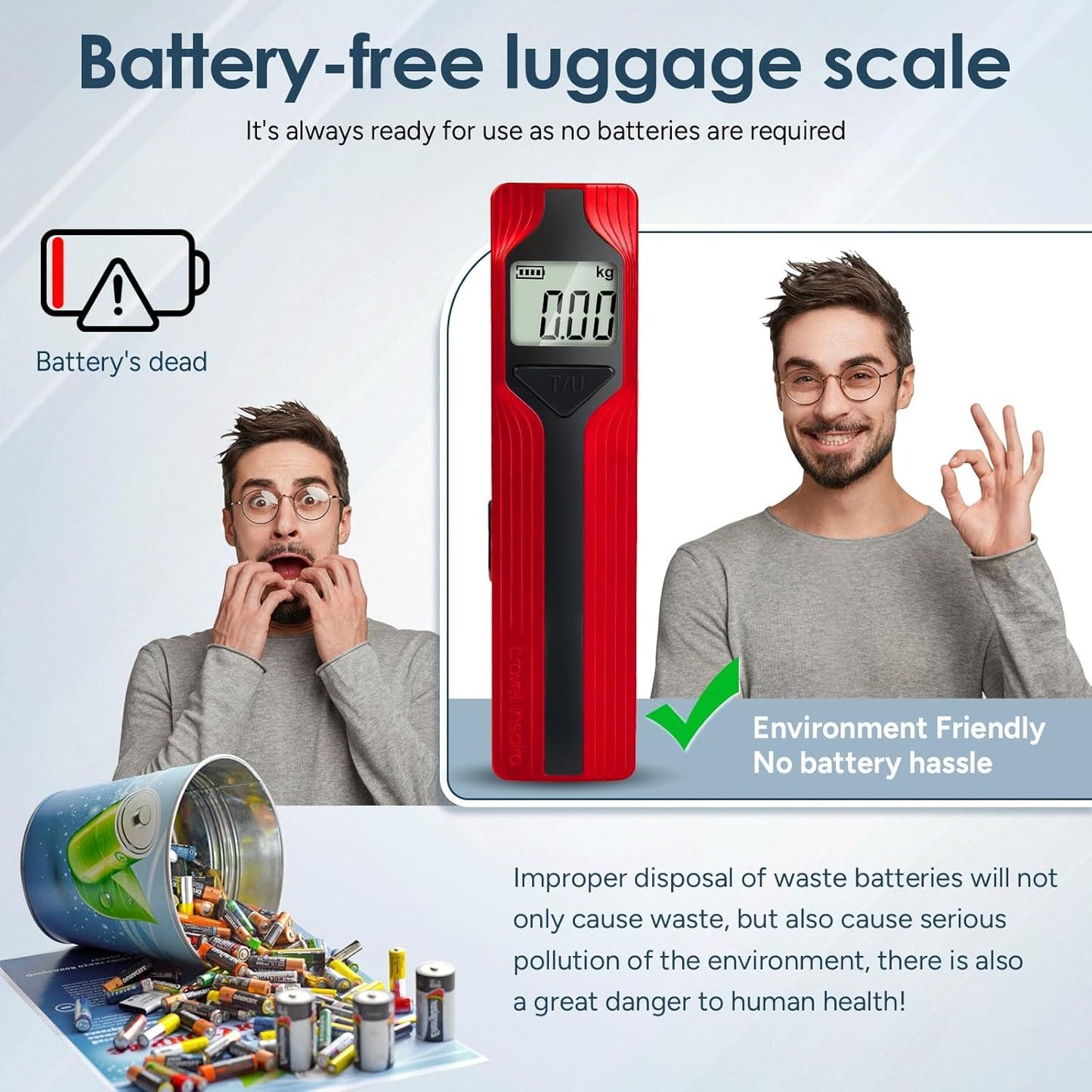 travel inspira Luggage Scale Battery-Free, Travel Essentials, Portable Handheld Digital Suitcase Weight Scale for for Travel Accessories, 110lbs/50kg (Red)