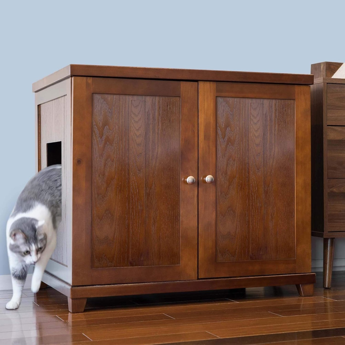 THE REFINED FELINE Cat Litter Box Enclosure Cabinet, Shaker, Mahogany Brown, Tapered Feet, XLarge, Hidden Litter Cat Furniture with Drawer