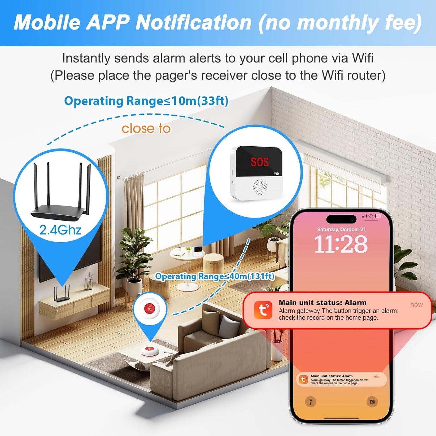 WiFi Rechargable Smart Wireless Caregiver Pager Call Button System Nurse Calling Alert System for Elderly Patient Seniors Disabled Kids 2 SOS Panic Buttons 1 Receiver (only Supports 2.4GHz Wi-Fi)