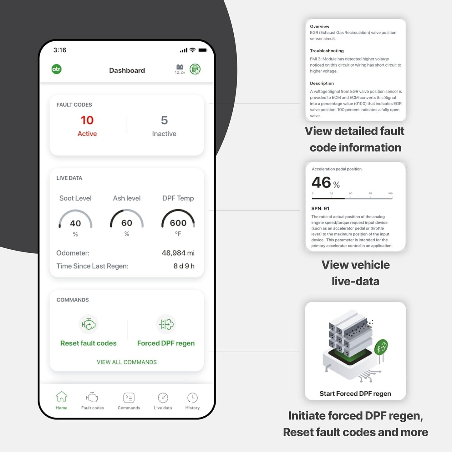 OTR Diagnostics HD Scan Tool (Updated 2025 Adapter): Forced Regen, Read & Reset Fault/P-Codes, Live Data, Bi-Directional Commands, Fault History. iOS/Android, 1-Year Subscription, Premium Support.