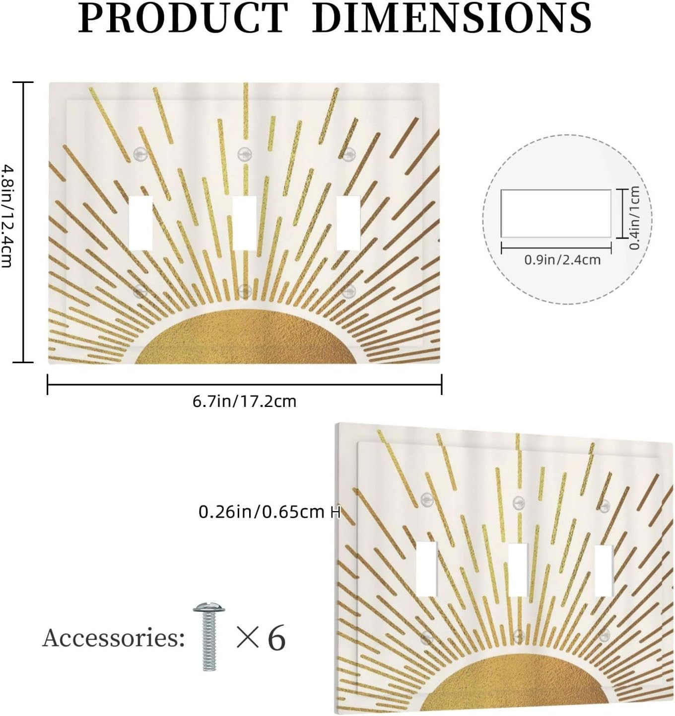 Decorative Light Switch Cover Plate Boho Mid Century Gold Sun Sunbeams 3 Gang Wall Plates for Electrical Outlets Triple Toggle Switch Plate Covers Outlet Covers Faceplate for Home Decor
