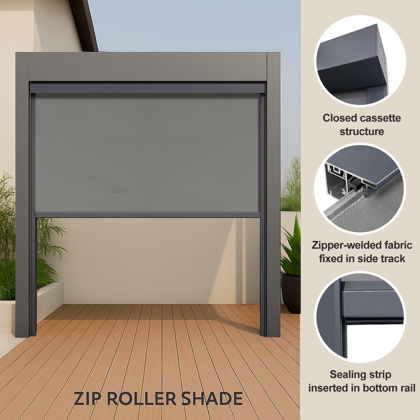 ZSHINE Hard-Wired Outdoor Snow Blocking Weatherproof Motorized Patio Roller Shades Remote Control for Porch Balcony Customized Size (Light Grey 1% Openness)
