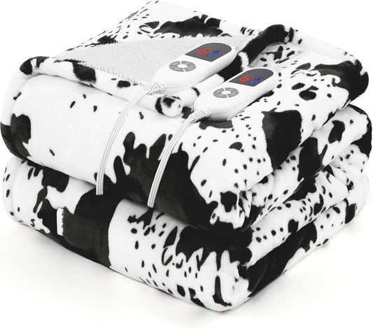 Electric Blanket Queen Size, Dual Control Heated Blanket with 6 Heat Settings, 1-12H Timer, Soft Sherpa & Flannel, Machine Washable, Black Cow Print, 84" x 90"